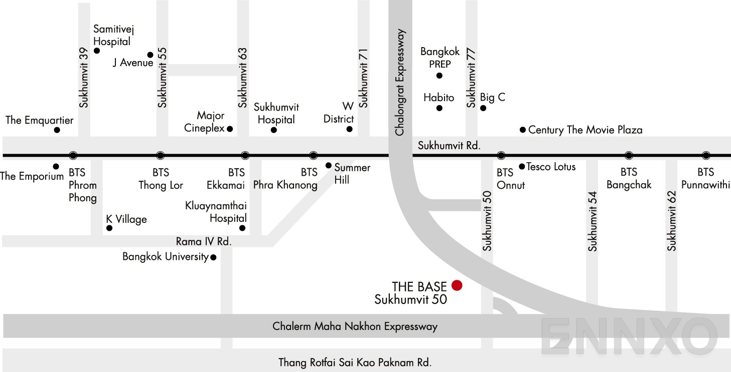 ภาพแผนที่แสดงที่ตั้งโครงการ เดอะ เบส สุขุมวิท 50 และสถานที่โดยรอบ