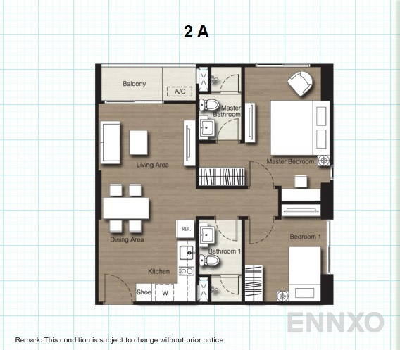 รูปแปลนห้อง 2 Bedrooms ของโครงการ เดอะ เบส สุขุมวิท 77
