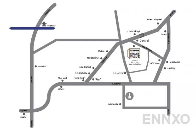 ภาพแผนที่แสดงที่ตั้งโครงการ The Change Smart Value
(เดอะเชนจ์ สมาร์ทแวลู) และสถานที่โดยรอบ