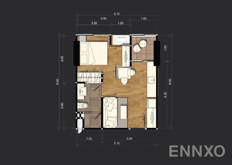 รูปแปลนห้อง 1 Bedroom โครงการ The Coast Bangkok