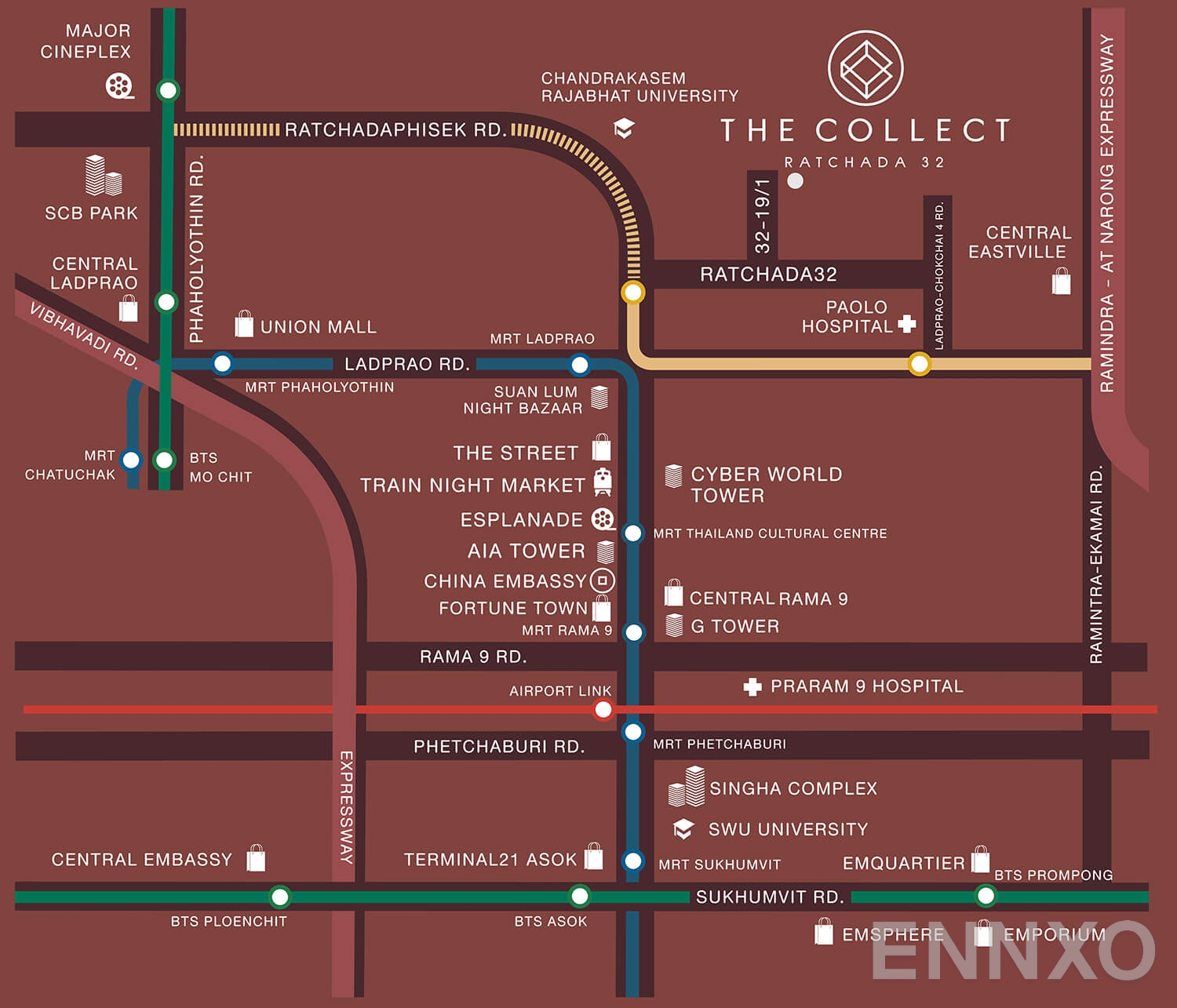 ภาพแผนที่แสดงที่ตั้งโครงการ The Collect Ratchada 32
(เดอะ คอลเล็ค รัชดา 32) และสถานที่โดยรอบ