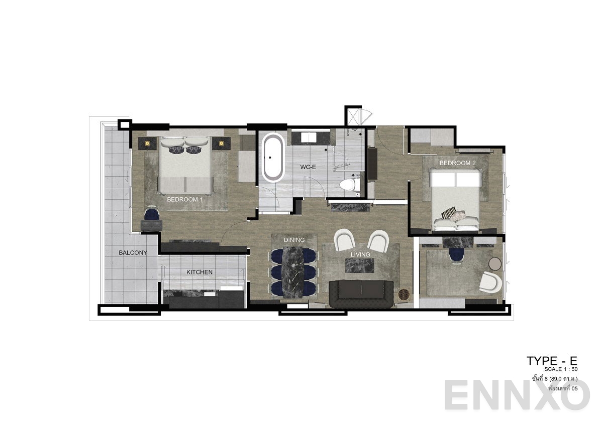 รูปแปลนห้อง Type E-8 ของโครงการ ดิ เอราวัณ