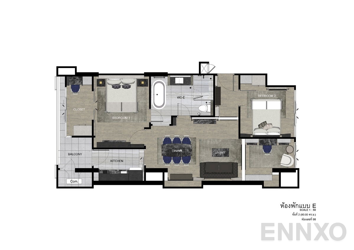 รูปแปลนห้อง Type E-2 ของโครงการ ดิ เอราวัณ