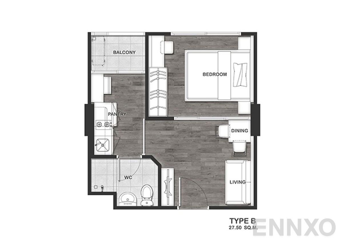 รูปแปลนห้อง 1 Bedroom ของโครงการ ดิ เอ็กซ์เซล กรูฟ