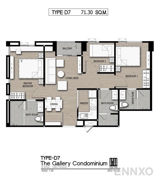 รูปแปลนห้อง 3 Bedroom ของโครงการ เดอะ แกลเลอรี่ แบริ่ง