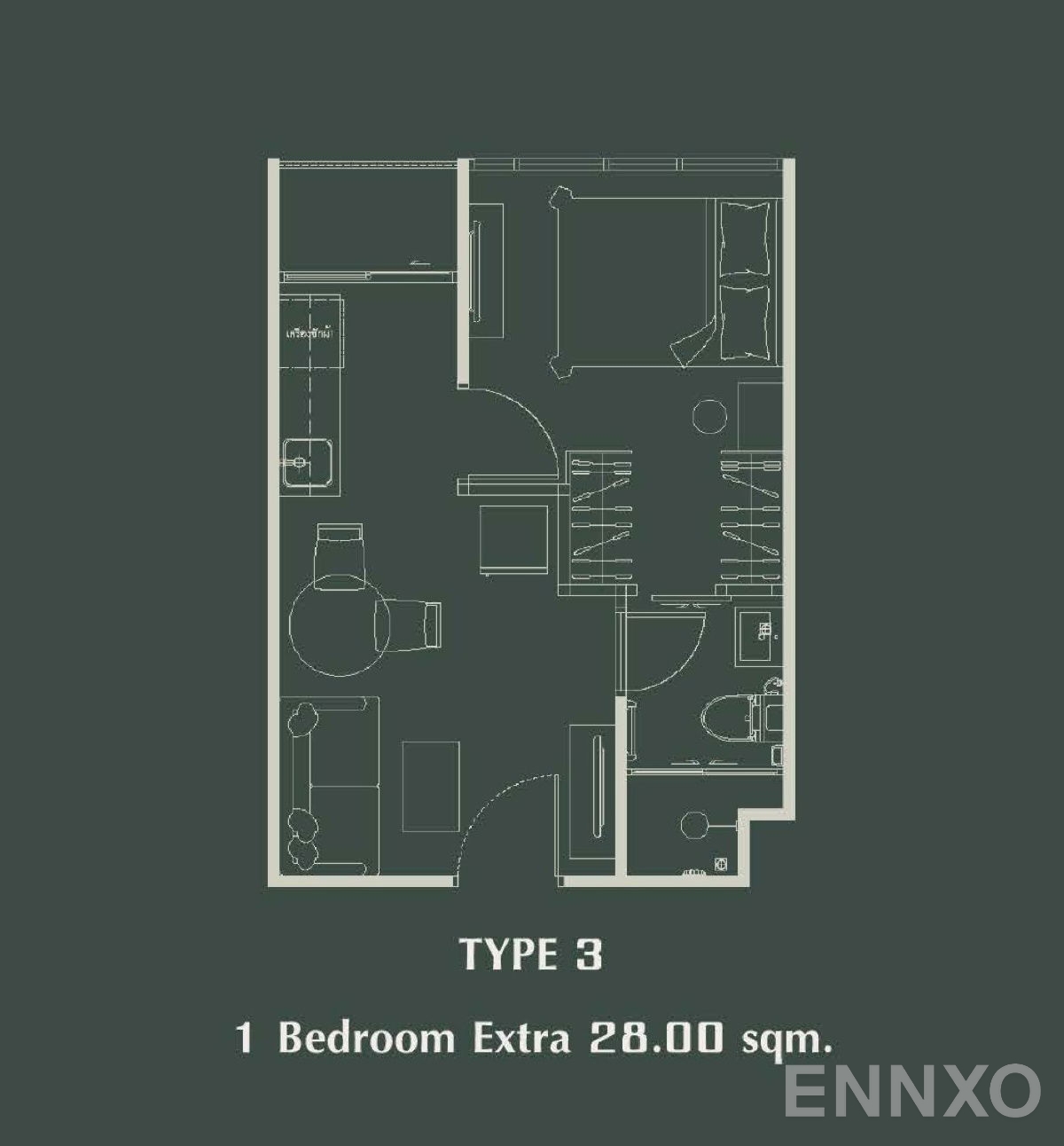 รูปแปลนห้อง Type 3 ของโครงการ The Indeed Condo Park Amata