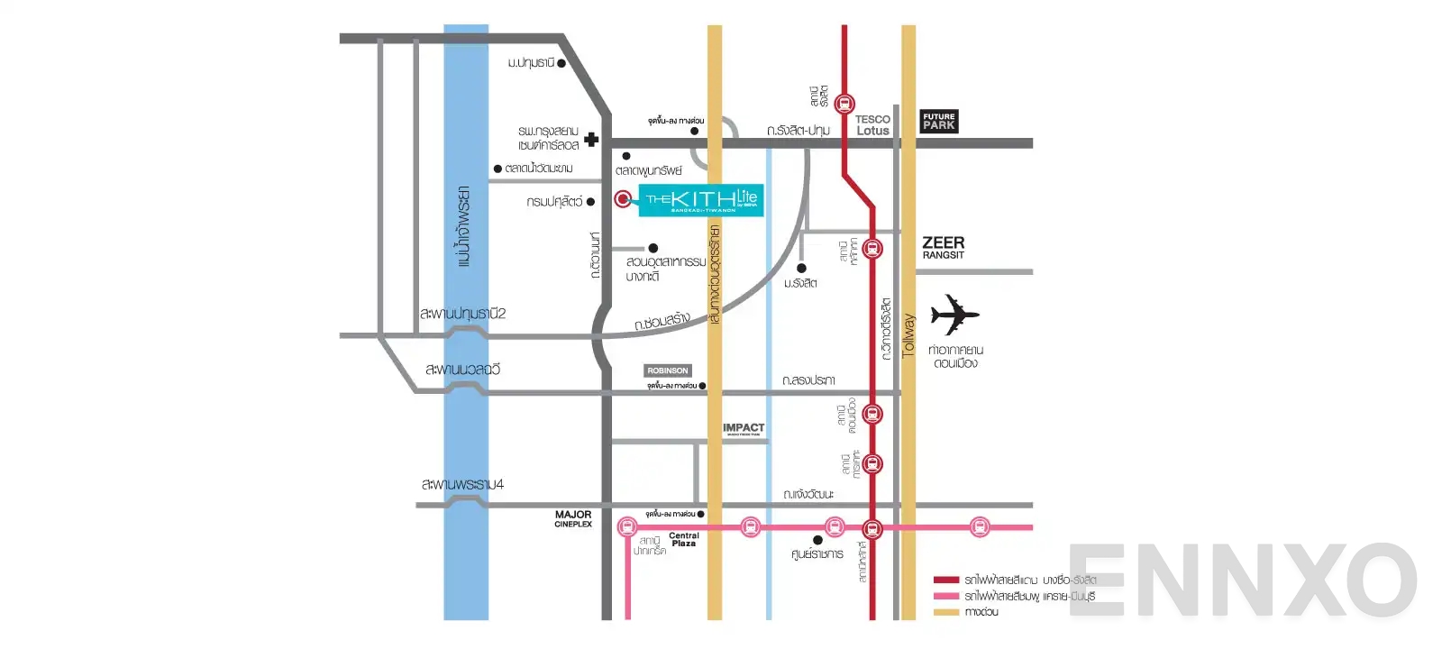 ภาพแผนที่แสดงที่ตั้งโครงการ The Kith Lite Bangkadi - Tiwanon
(เดอะ คิทท์ ไลท์ บางกะดี - ติวานนท์) และสถานที่โดยรอบ