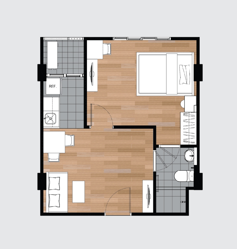 รูปแปลนห้อง 1 Bedroom ของโครงการ เดอะ คิทท์ ไลท์ บางกะดี - ติวานนท์