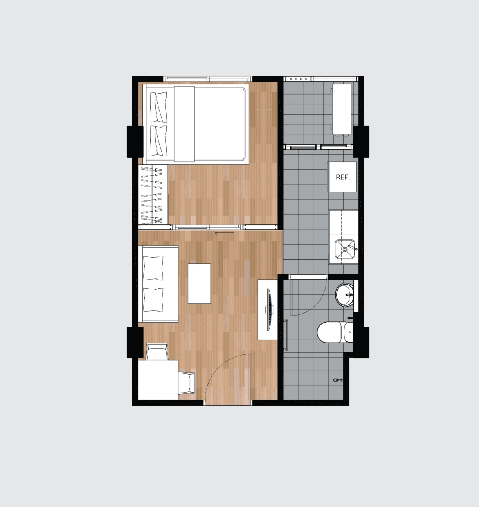 รูปแปลนห้อง 1 Bedroom ของโครงการ เดอะ คิทท์ ไลท์ บางกะดี - ติวานนท์