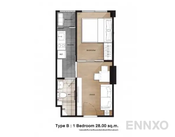 รูปแปลนห้อง Type B : 1 Bedroom ของโครงการ เดอะ คิทท์ พลัส พหลโยธิน - คูคต