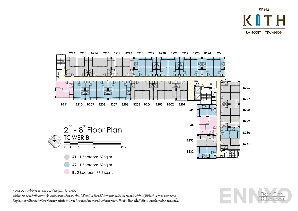 แปลนชั้น Floor 2-8 (อาคาร B) ของโครงการ เสนาคิทท์ รังสิต - ติวานนท์ (โครงการใหม่)