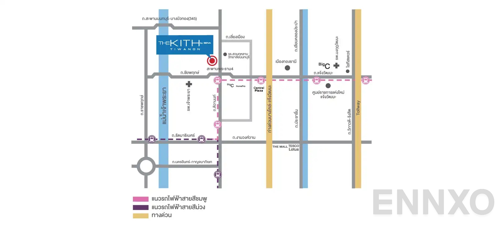 ภาพแผนที่แสดงที่ตั้งโครงการ The Kith Tiwanon
(เดอะ คิทท์ ติวานนท์) และสถานที่โดยรอบ