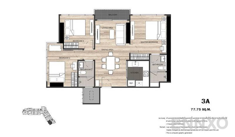 รูปแปลนห้อง 3 Bedrooms ของโครงการ เดอะ ไลน์ จตุจักร - หมอชิต