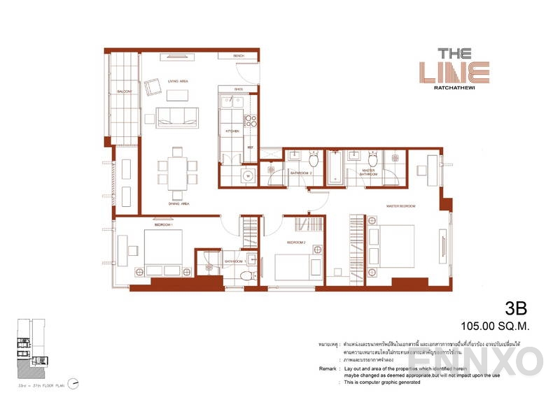 รูปแปลนห้อง 3 Bedroom ของโครงการ The Line Ratchathewi