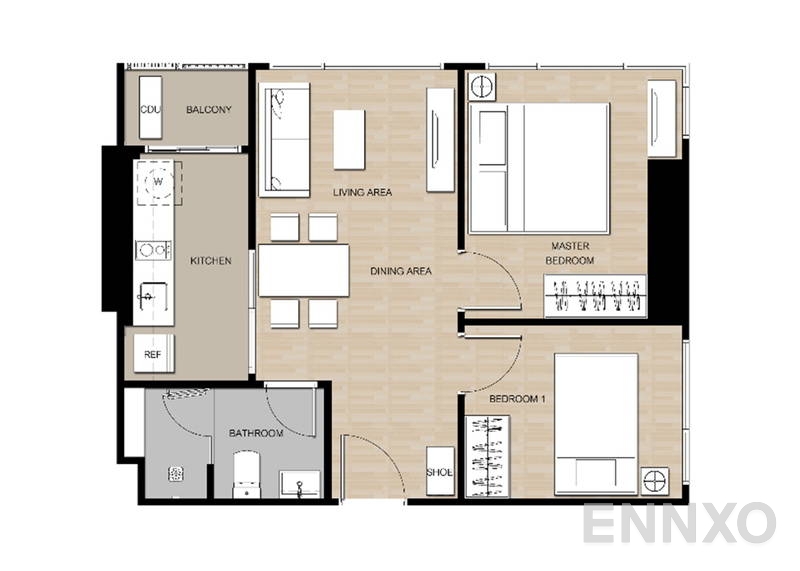 รูปแปลนห้อง 2 Bedroom (Size M) ของโครงการ เดอะ ไลน์ วงศ์สว่าง