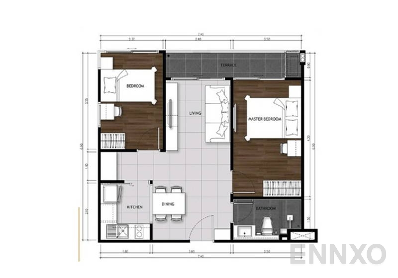 รูปแปลนห้อง 2 Bedroom ของโครงการ The Metropolis Samrong Interchange