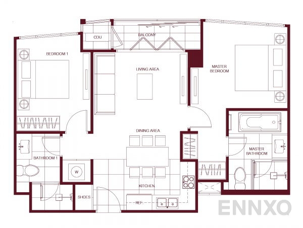 รูปแปลนห้อง 2 Bedrooms ของโครงการ The Monument Sanampao