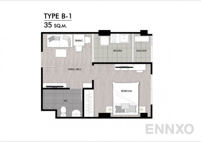รูปแปลนห้อง Type B1 ของโครงการ The Niche ID - Rama 2