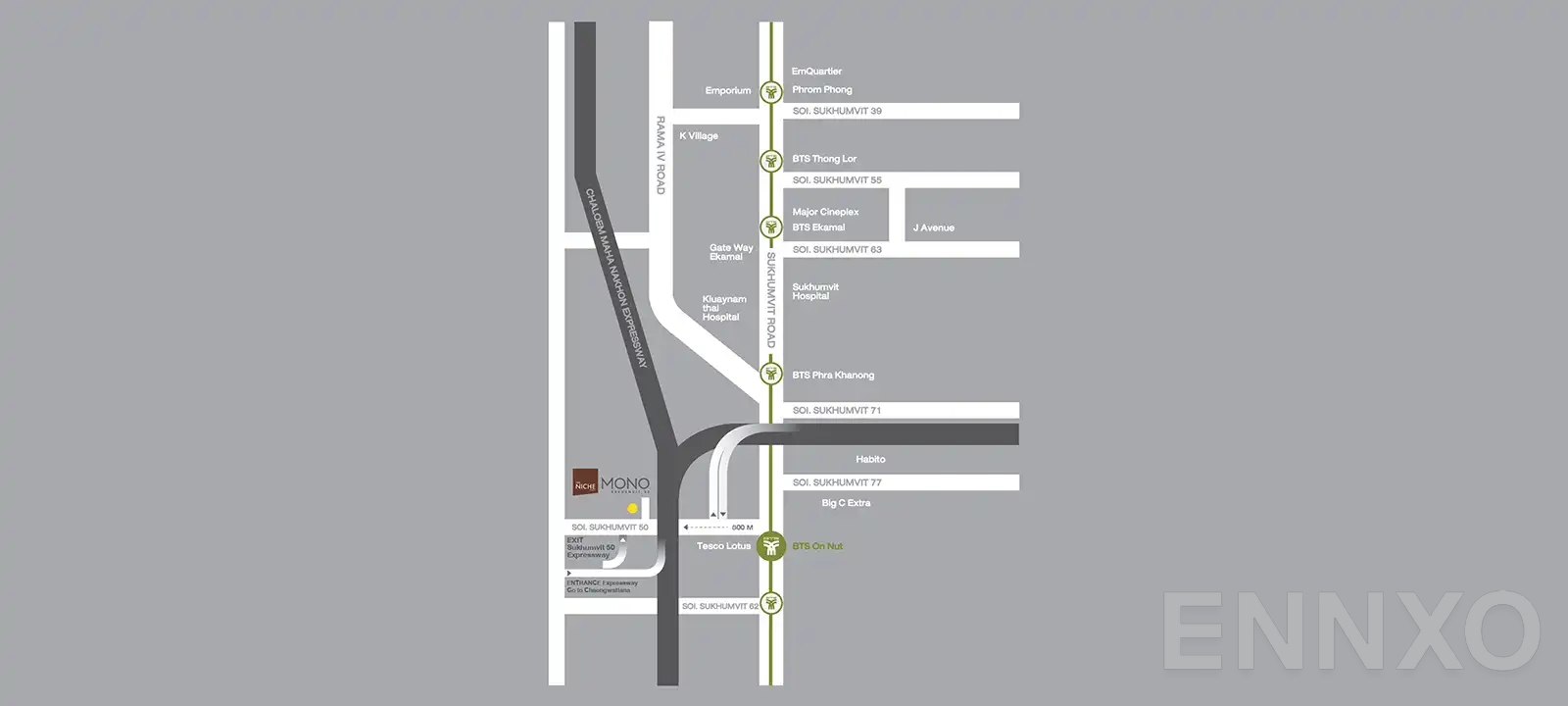 ภาพแผนที่แสดงที่ตั้งโครงการ The Niche Mono Sukhumvit 50
(เดอะนิช โมโน สุขุมวิท 50) และสถานที่โดยรอบ