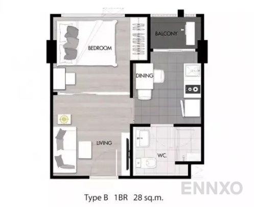 รูปแปลนห้อง 1 Bedroom ของโครงการ เดอะนิช โมโน สุขุมวิท 50