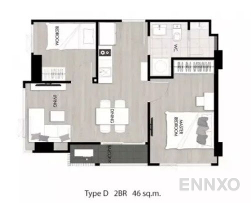 รูปแปลนห้อง 2 Bedroom ของโครงการ เดอะนิช โมโน สุขุมวิท 50