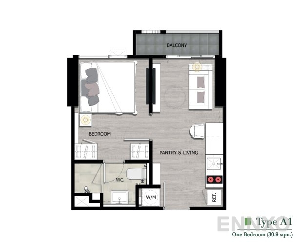 รูปแปลนห้อง Type A1 ของโครงการ เดอะ นิช ไพรด์ ทองหล่อ-เพชรบุรี