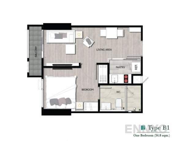 รูปแปลนห้อง Type B1 ของโครงการ เดอะ นิช ไพรด์ ทองหล่อ-เพชรบุรี