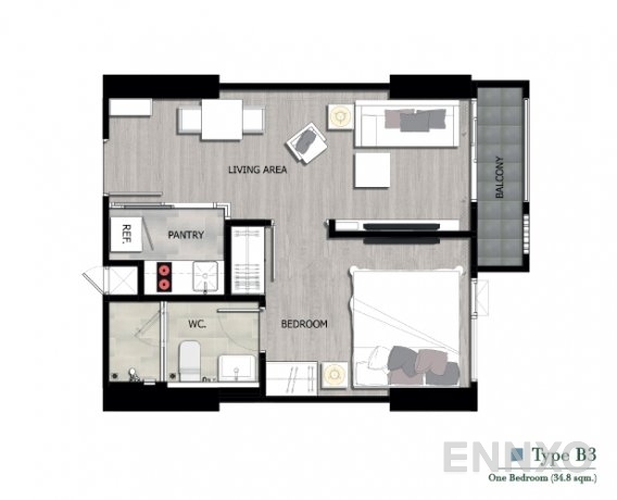 รูปแปลนห้อง Type B3 ของโครงการ เดอะ นิช ไพรด์ ทองหล่อ-เพชรบุรี