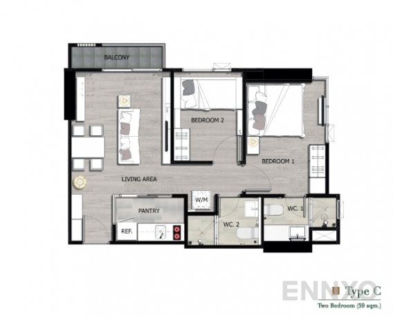 รูปแปลนห้อง Type C ของโครงการ เดอะ นิช ไพรด์ ทองหล่อ-เพชรบุรี