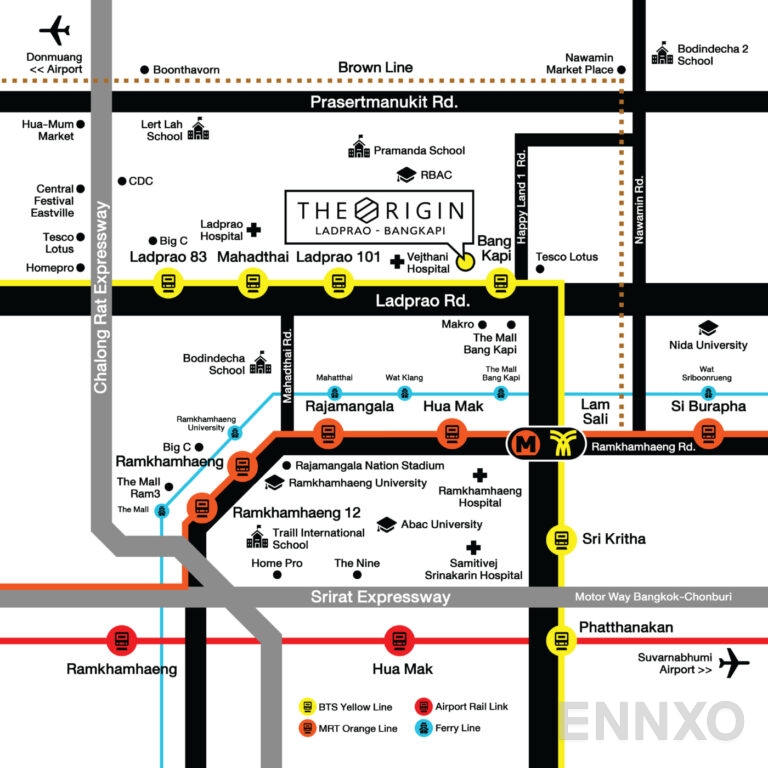 ภาพแผนที่แสดงที่ตั้งโครงการ THE ORIGIN LADPRAO - BANGKAPI
(ดิ ออริจิ้น ลาดพร้าว - บางกะปิ) และสถานที่โดยรอบ