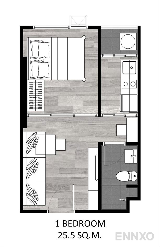รูปแปลนห้อง 1 Bedroom Smart Kitchen 25.50 sq.m ของโครงการ ดิ ออริจิ้น ลาดพร้าว - บางกะปิ