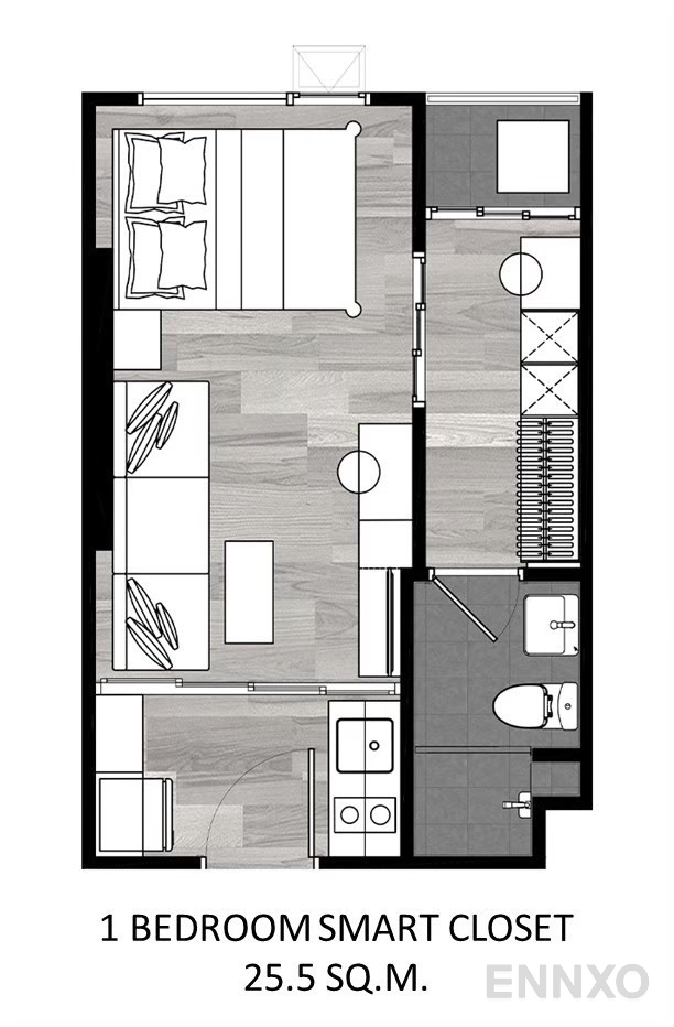รูปแปลนห้อง 1 Bedroom Smart Closet 25.50 sq.m ของโครงการ ดิ ออริจิ้น ลาดพร้าว - บางกะปิ