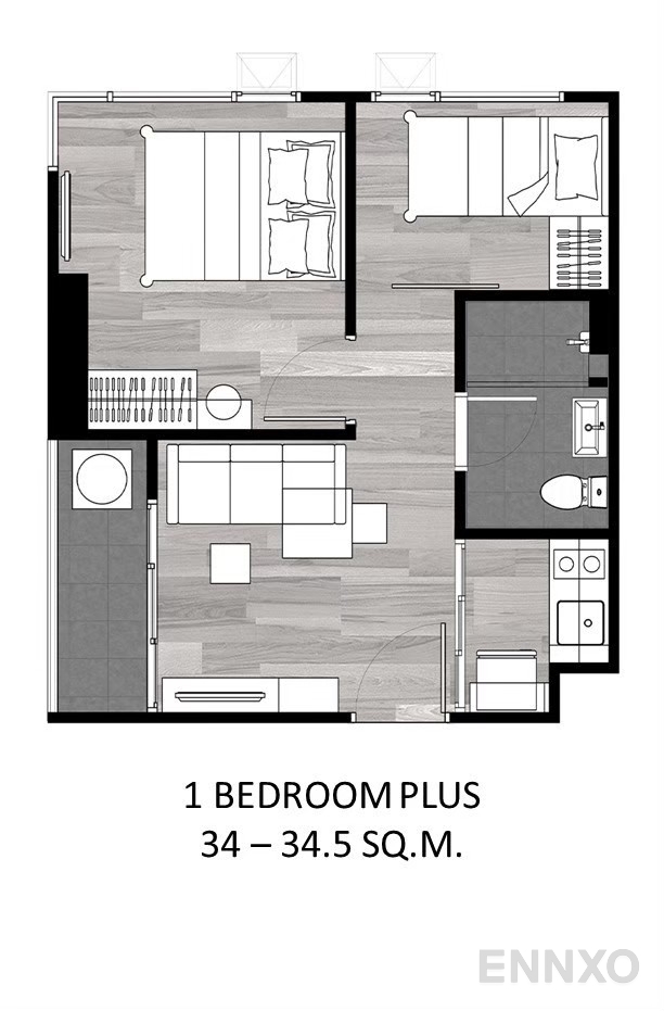 รูปแปลนห้อง 1 Bedroom Plus 34-34.5 sq.m ของโครงการ ดิ ออริจิ้น ลาดพร้าว - บางกะปิ