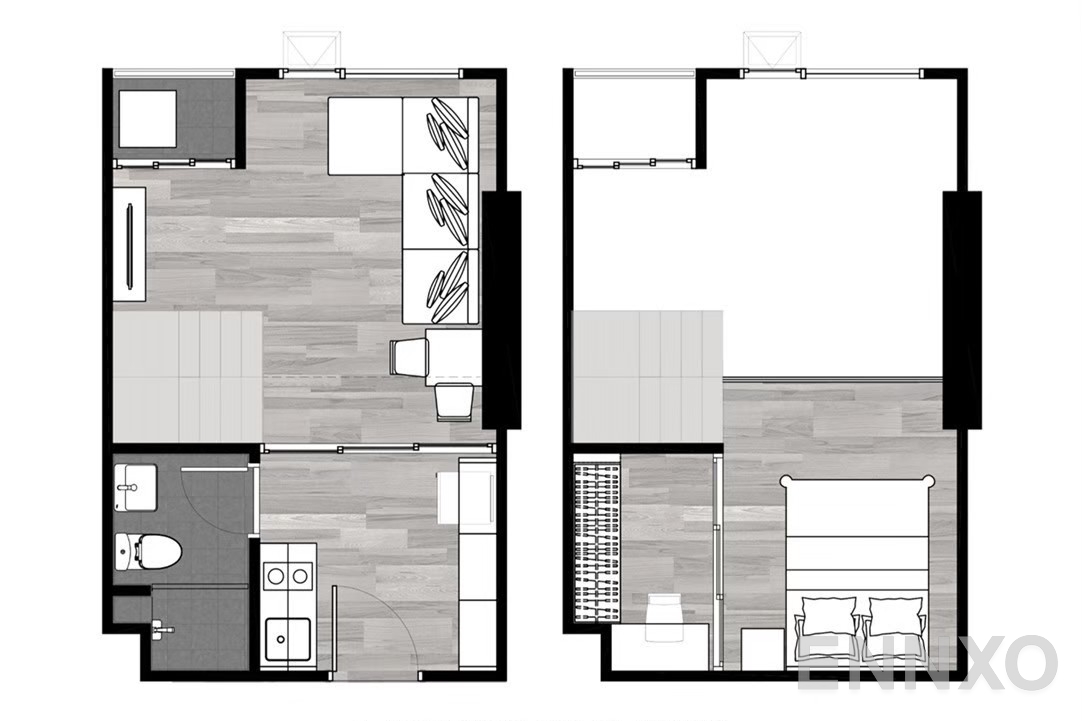 รูปแปลนห้อง 1 Bedroom High Ceiling 25-25.50 sq.m ของโครงการ ดิ ออริจิ้น ลาดพร้าว - บางกะปิ