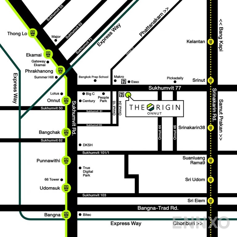 ภาพแผนที่แสดงที่ตั้งโครงการ THE ORIGIN ONNUT
(ดิ ออริจิ้น อ่อนนุช) และสถานที่โดยรอบ