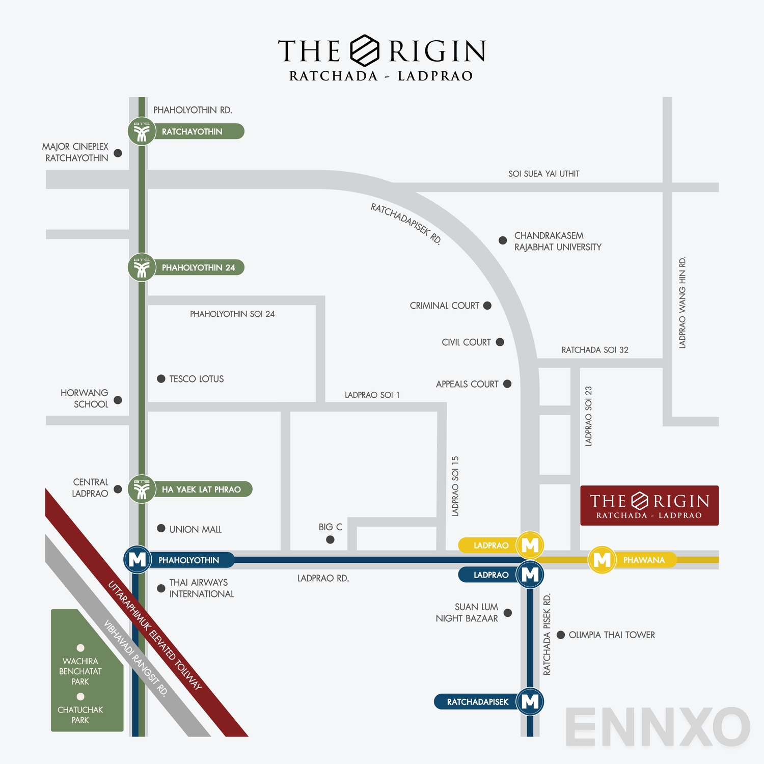 ภาพแผนที่แสดงที่ตั้งโครงการ THE ORIGIN RATCHADA – LADPRAO
(ดิ ออริจิ้น รัชดา – ลาดพร้าว) และสถานที่โดยรอบ