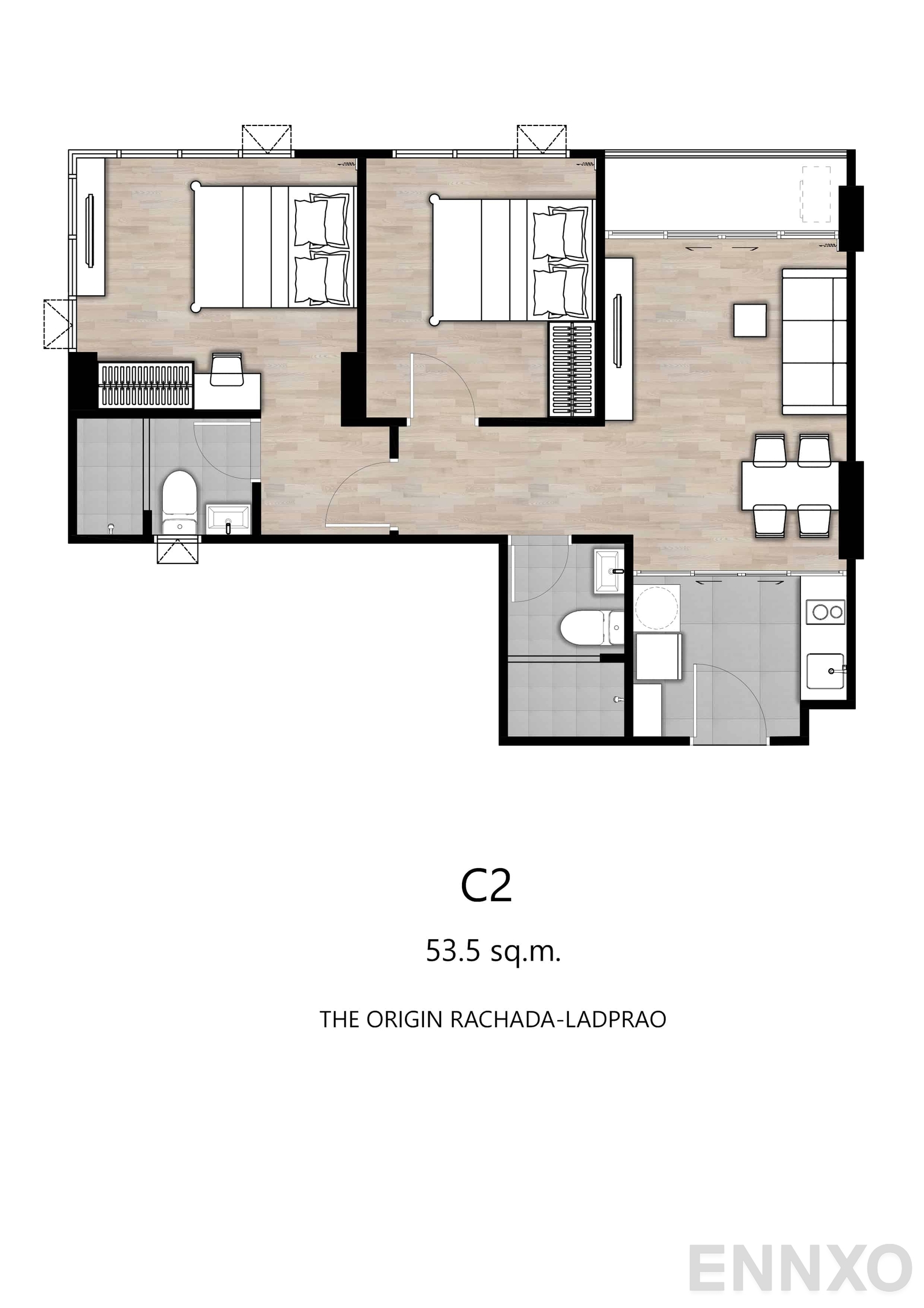 รูปแปลนห้อง C2 : 53.5 sq.m. ของโครงการ ดิ ออริจิ้น รัชดา – ลาดพร้าว