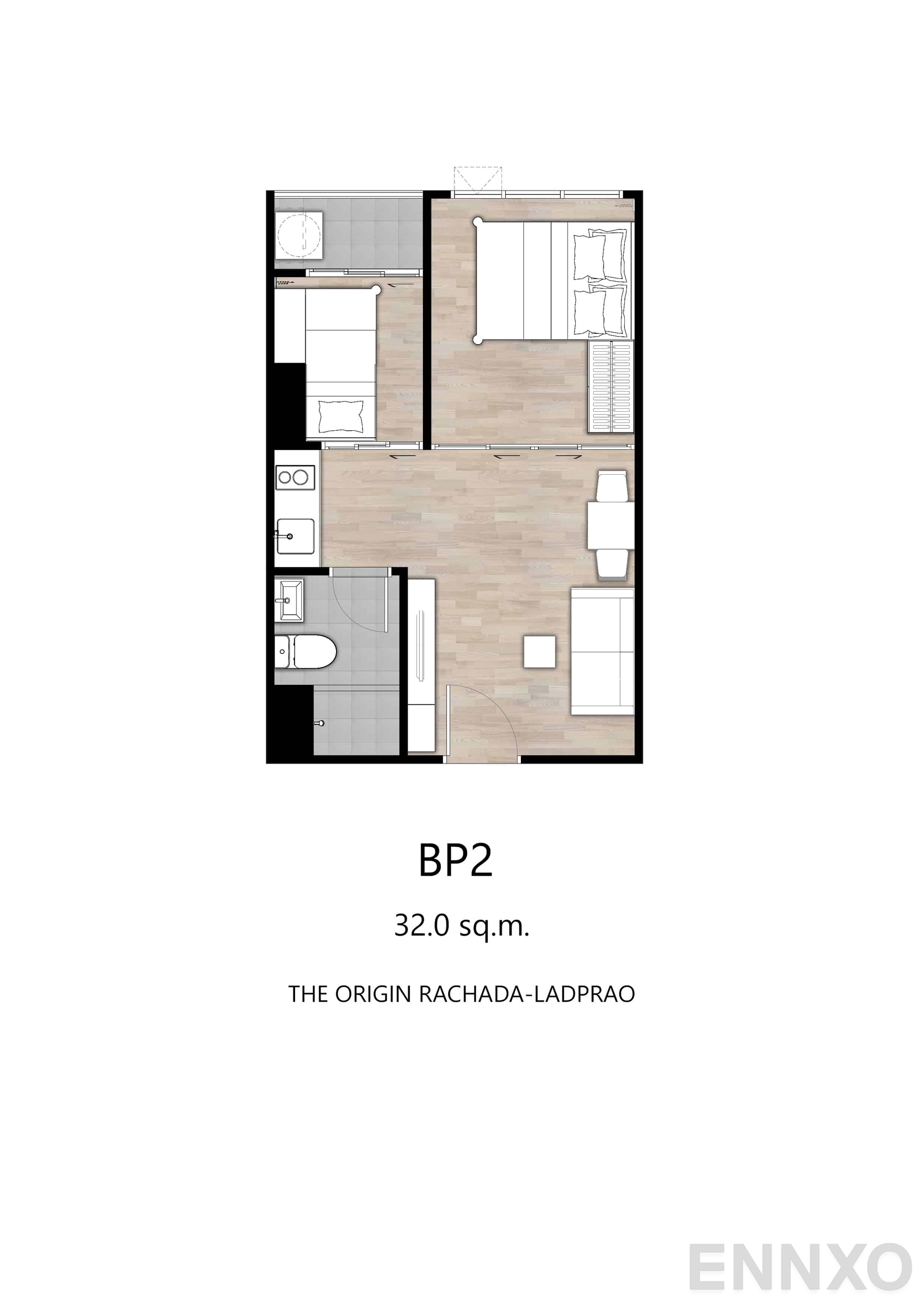 รูปแปลนห้อง BP2 : 32.0 sq.m. ของโครงการ ดิ ออริจิ้น รัชดา – ลาดพร้าว