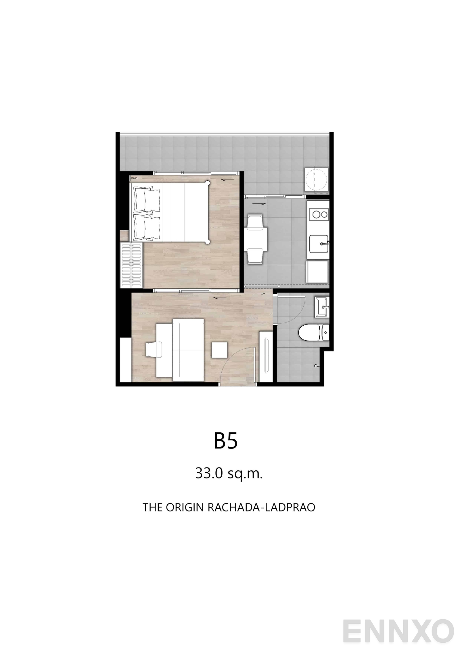 รูปแปลนห้อง B5 : 33.0 sq.m. ของโครงการ ดิ ออริจิ้น รัชดา – ลาดพร้าว