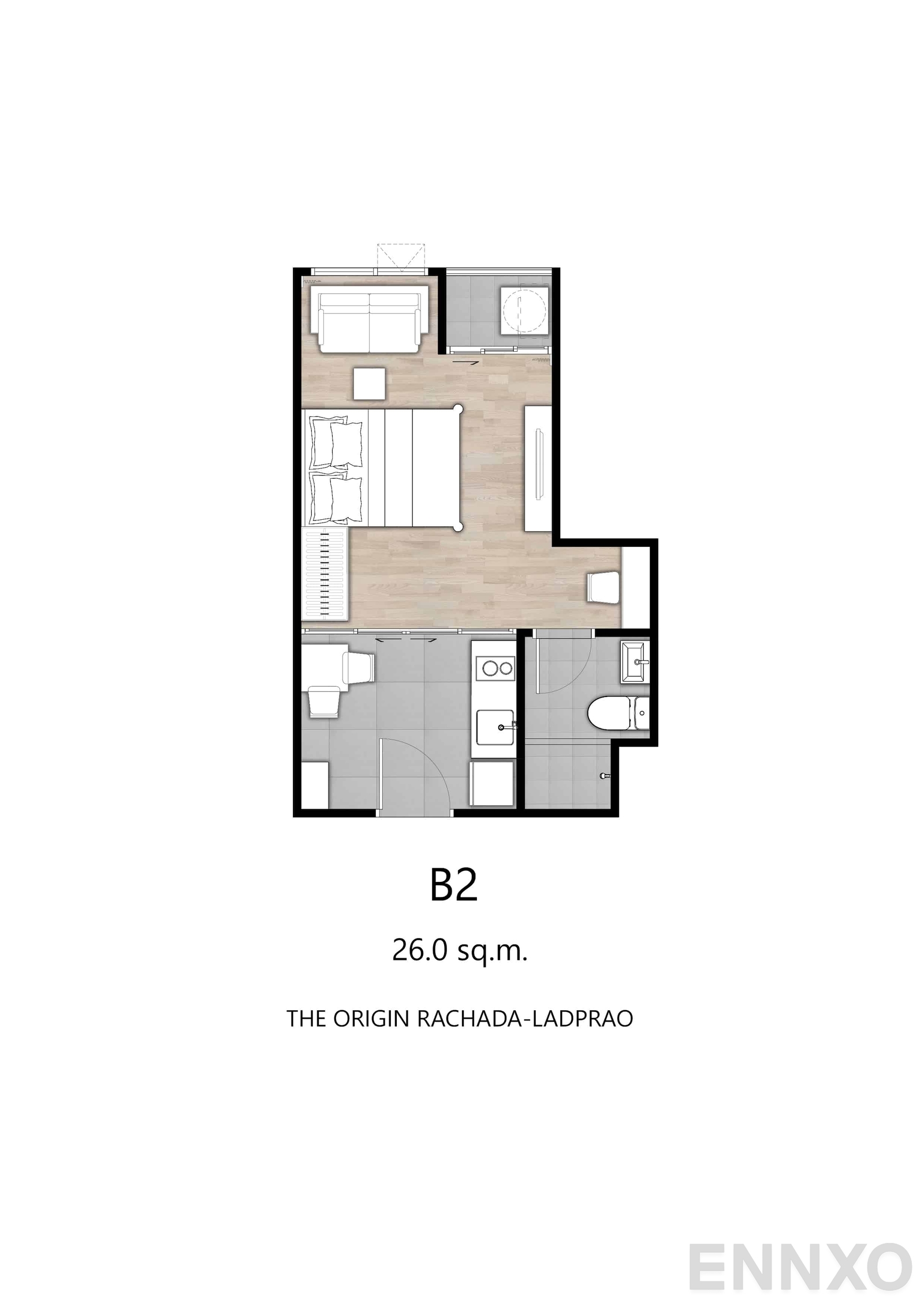 รูปแปลนห้อง B2 : 26.0 sq.m. ของโครงการ ดิ ออริจิ้น รัชดา – ลาดพร้าว