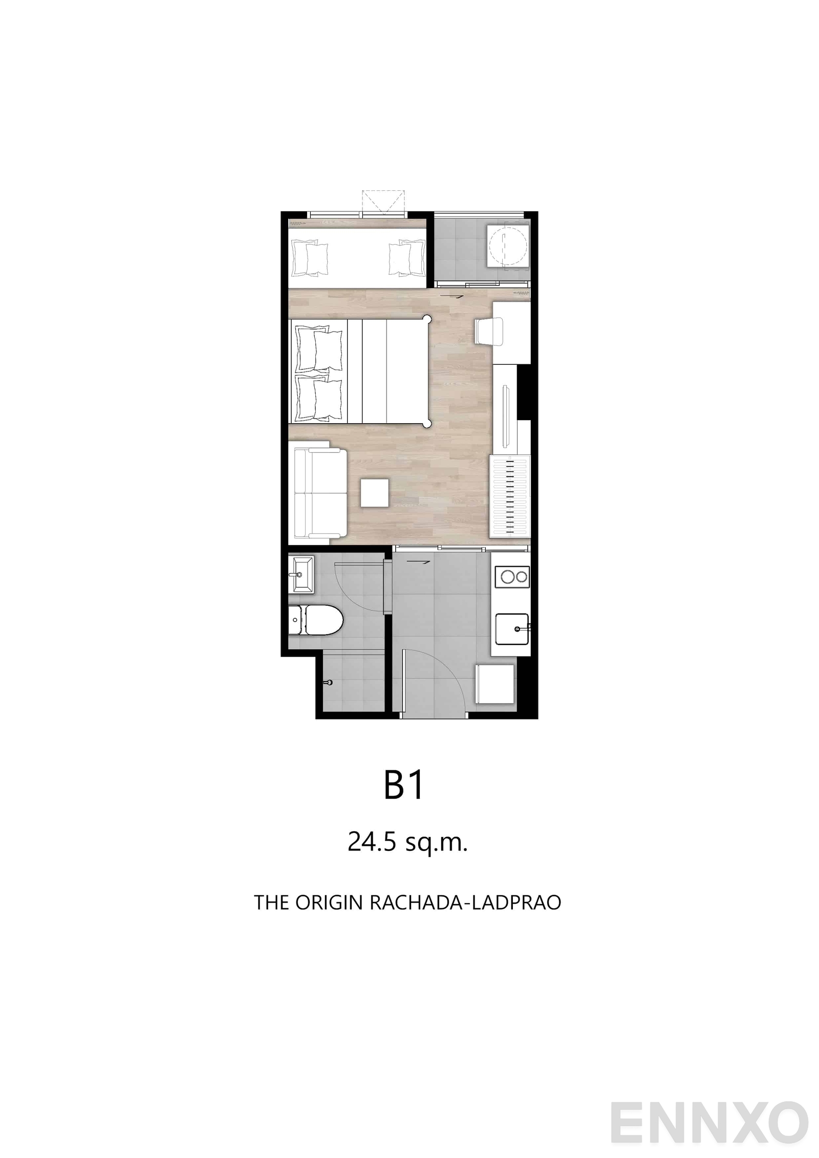 รูปแปลนห้อง B1 : 24.5 sq.m. ของโครงการ ดิ ออริจิ้น รัชดา – ลาดพร้าว