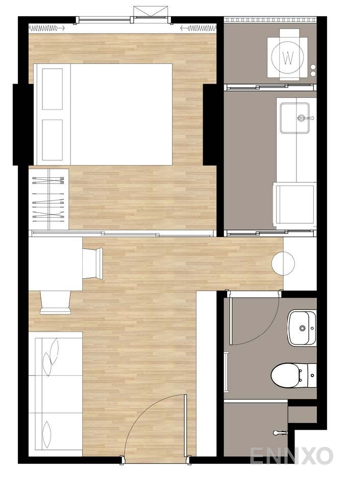 รูปแปลนห้อง 1 Bedroom ของโครงการ ดิ ออริจิ้น เตรียมน้อม สเตชั่น