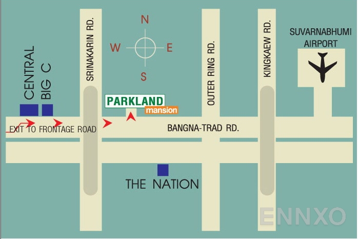 ภาพแผนที่แสดงที่ตั้งโครงการ เดอะ พาร์คแลนด์ บางนา และสถานที่โดยรอบ