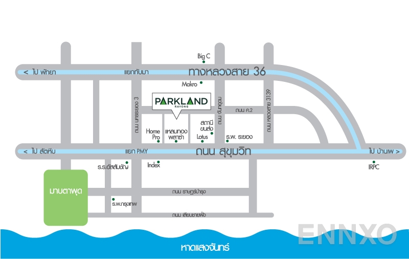 ภาพแผนที่แสดงที่ตั้งโครงการ The Parkland Rayong
(เดอะ พาร์คแลนด์ ระยอง) และสถานที่โดยรอบ