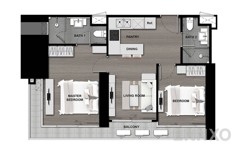 รูปแปลนห้อง 2 Bedroom ของโครงการ The Politan Aqua