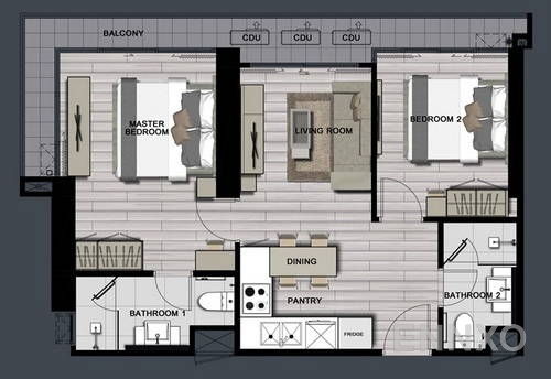 รูปแปลนห้อง 2 Bedrooms corner ของโครงการ เดอะ โพลิแทน รีฟ