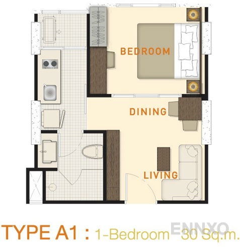 รูปแปลนห้อง 1 Bedroom ของโครงการ เดอะ เพรสซิเดนท์ สาทร-ราชพฤกษ์