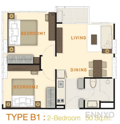รูปแปลนห้อง 2 Bedroom ของโครงการ เดอะ เพรสซิเดนท์ สาทร-ราชพฤกษ์