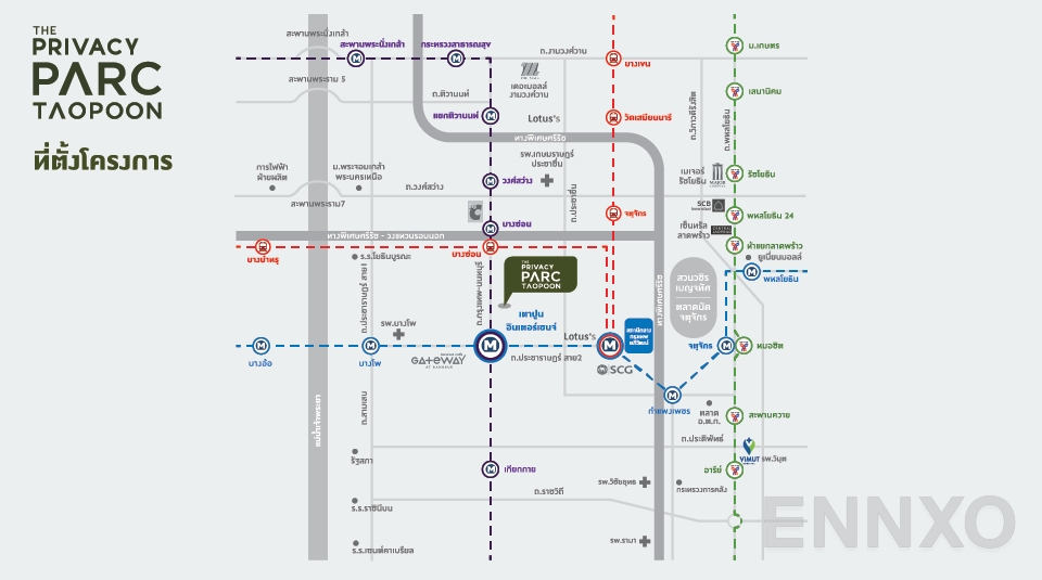 ภาพแผนที่แสดงที่ตั้งโครงการ The Privacy Parc Taopoon
(เดอะ ไพเวซี่ พาร์ค เตาปูน) และสถานที่โดยรอบ