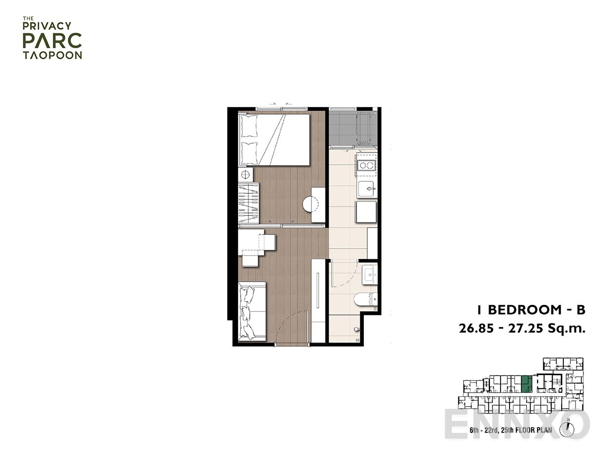 รูปแปลนห้อง 1-Bedroom - B ของโครงการ เดอะ ไพเวซี่ พาร์ค เตาปูน